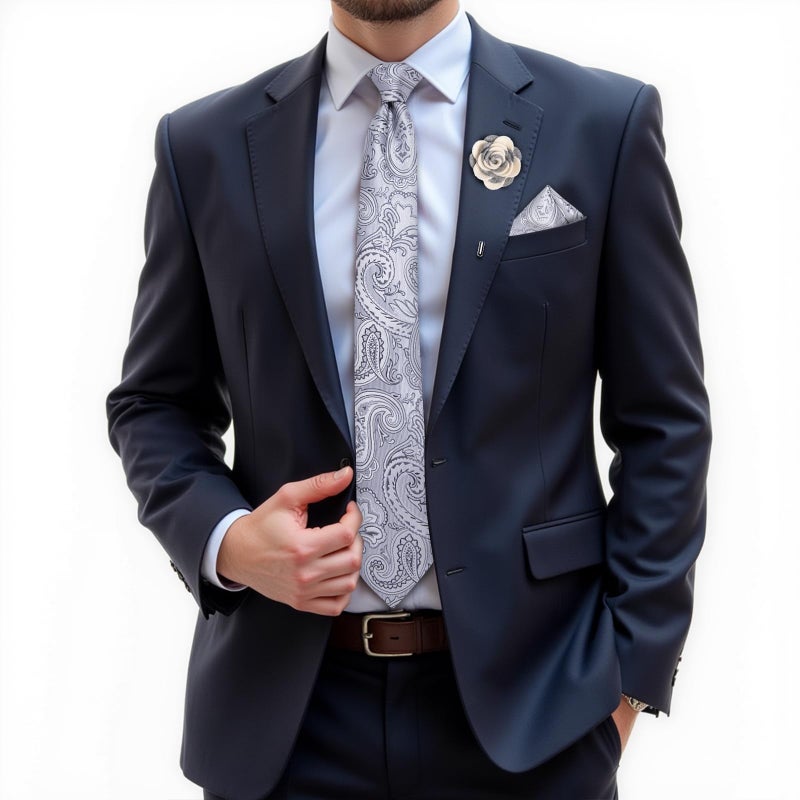 DiBanGu Silk Ties for Men Necktie and Lapel Pin Brooch Set Formal Woven Paisley Plaid Striped Solid Tie Wedding Party, Silver Grey - Image 2